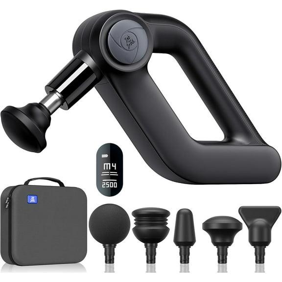 Smart Percussive Massage Device, Professional Deep Muscle Massager with 5 Speeds, App-Guided Routines, and Interchangeable Heads, Includes Travel Case
