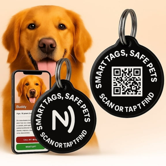 Smart Pet ID Tag with QR Code & NFC – Epoxy Coated Waterproof PVC – Scan or Tap to Access Pet Info – Universal Tag for Dogs & Cats – No App Needed – Update Profile Anytime (Black)