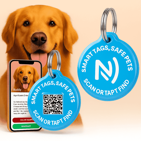 Smart Pet ID Tag with QR Code & NFC – Epoxy Coated Waterproof PVC – Scan or Tap to Access Pet Info – Universal Tag for Dogs & Cats – No App Needed – Update Profile Anytime (Blue)