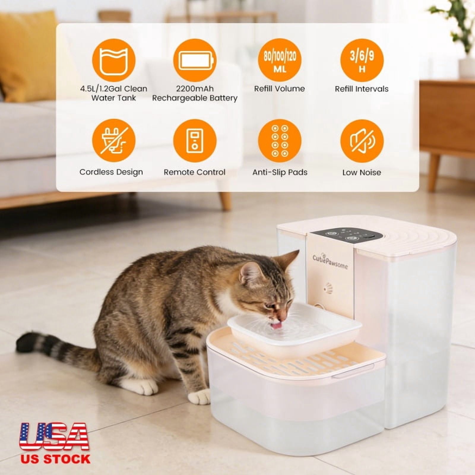 Smart Pet Water Fountain 4.5L, Cordless Rechargeable Automatic Cat Dog Water Dispenser, Remote Control, Dual-Tank Filtration, 3 Time Intervals & Volume Settings