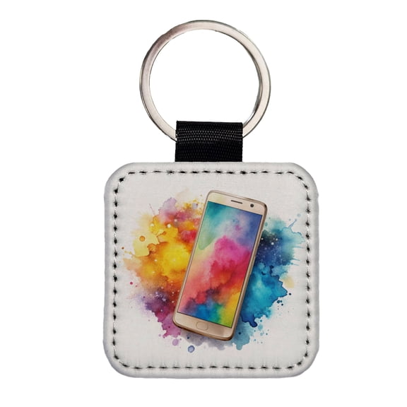 Smart Phone Watercolor Faux Leather Square Keychain