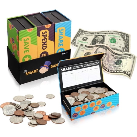 Smart Piggy Bank Trio Set for Kids- 3-in-1 Novelty, Money-Wise Educational Toy for Boys + Girls-Learn About Spending, Saving, Sharing- Large + Unisex Colorful Designs- Perfect Birthday