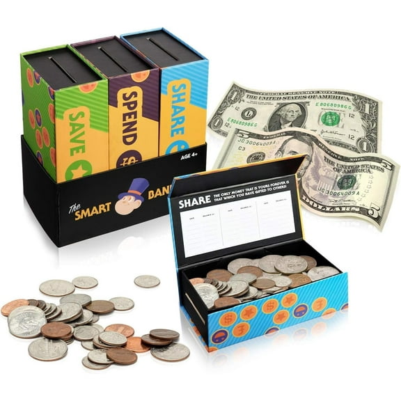 Smart Piggy Bank Trio Set for Kids- 3-in-1 Novelty, Money-Wise Educational Toy for Boys + Girls-Learn About Spending, Saving, Sharing- Large + Unisex Colorful Designs- Perfect Birthday