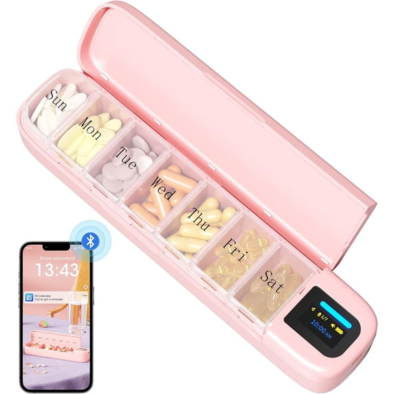 Smart Pill Organizer with Alarm, Bluetooth Daily Once a Day Pill Box 7 Day with APP, Weekly Travel Pill Case, Portable Pill Reminder for Medicines, Supplements and Vitamins(Pink)