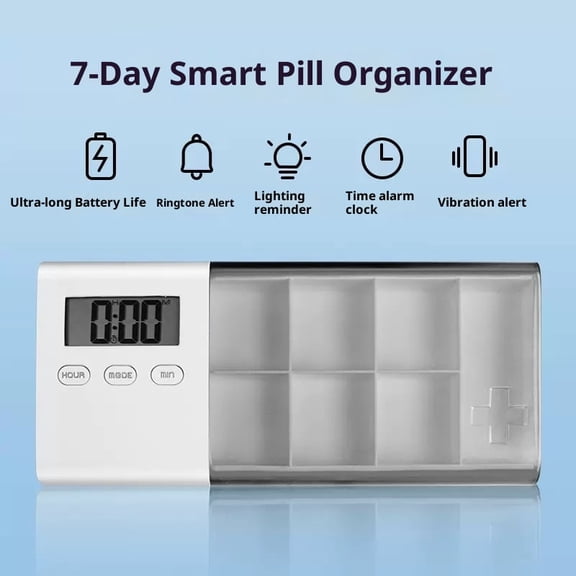 Smart Pill Organizer, Pill Box Alarm Clock, beep, Vibration, LED Light Flashing Remind to take Medicine, 7 Day Pill Organizer