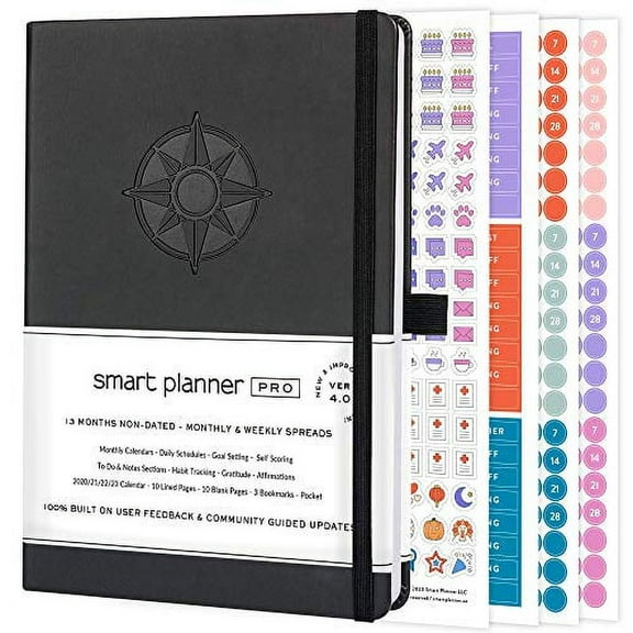 Smart Planner Pro - Daily Planner - Tested & Proven to Achieve Goals & Increase Productivity, Time Management & Happiness with Weekly, Monthly, Gratitude Sections, Back Pocket, Undated, A5 (Black)