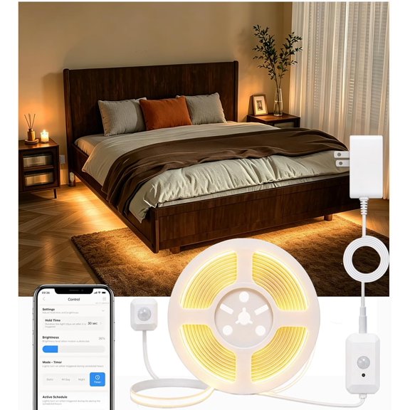 Smart Plug-in Dual Motion Sensor COB LED Strip Light for Under Bed, Under Cabinet, Hallway, Closet, 19.6ft APP Control, 3000K Warm White