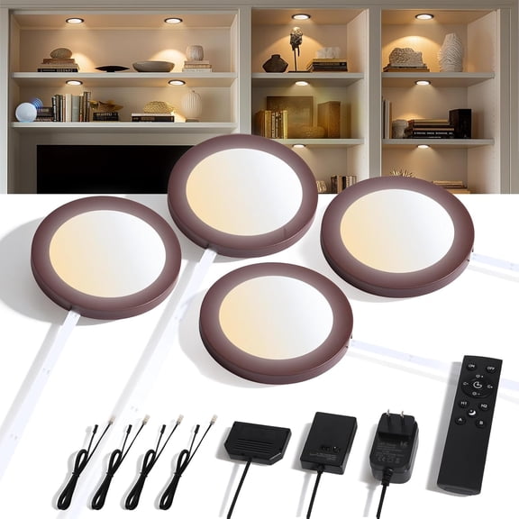 Smart Plug-in LED Puck Lights Brown, Ultra-Thin Under Cabinet Lighting for Kitchen, Closet & Shelf, App, Voice Hand Control, Compatible with Alexa Google Home, Dimmable Warm to Cool White