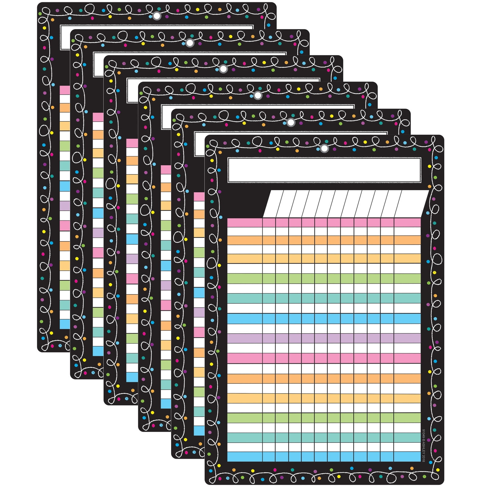 Ashley Productions Smart Poly Chart, 13" x 19", Chalk Dots with Loops Incentive, w/Grommet, Pack of 6