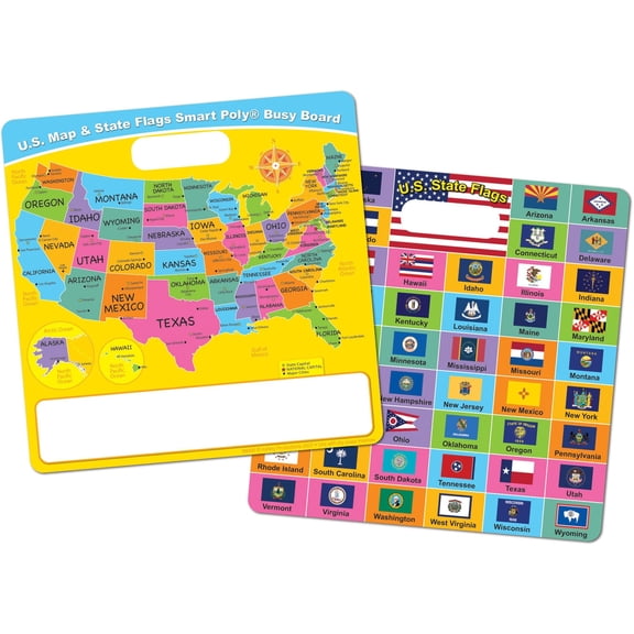 Smart Poly® Educational Activity Busy Board, Dry Erase with Marker, 10-3/4" x 10-3/4", US Map/ State Flags
