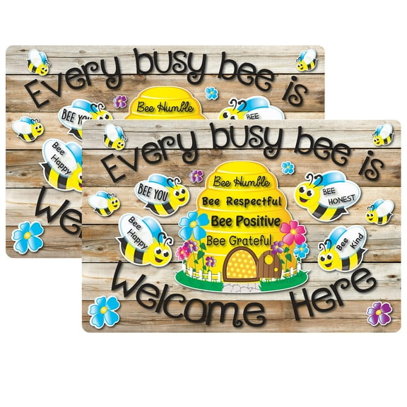 Smart Poly Welcome Mat with Slip Resistant Backing, 15.5" x 23.5", Bee Hive Theme Values, Pack of 2