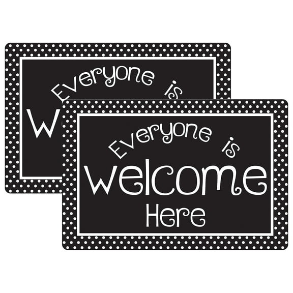 Smart Poly Welcome Mat with Slip Resistant Backing, 15.5" x 23.5", Black and White Dots Everyone is Welcome Here, Pack of 2