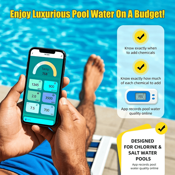 Smart Pool Monitor, Profession Salt Water Pool Testing kit for Swimming Pool, 7 in 1 Chlorine Salinity ORP Monitor for Aquarium Sodium Chloride Swimming Pools Hot Tub Spas