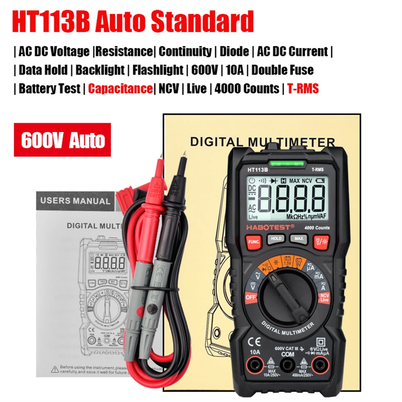 Smart Portable Digital Multimeters Amp Ohm Hz Capacitance Battery Tester Voltmeter Auto Range Voltage Current Tester ,Fast and Accurate Precise