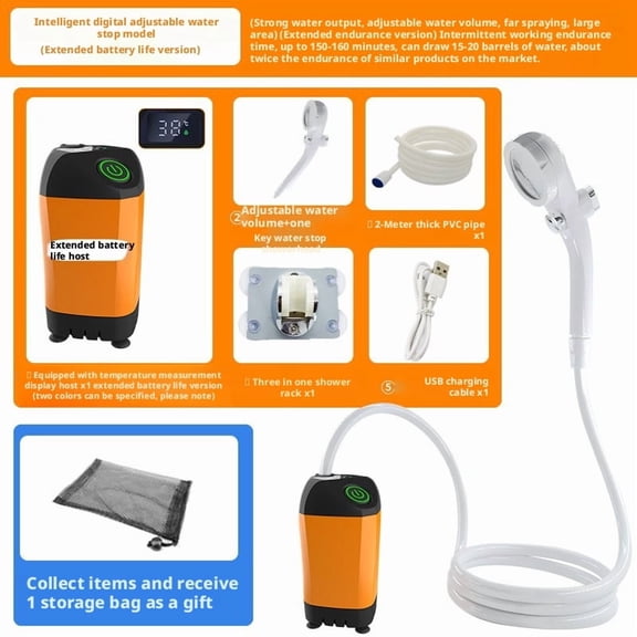 Smart Portable Outdoor Electric Shower System with HD Digital Temperature Display, Rechargeable Camping Shower Pump for Hiking Travel Pet Wash, High Flow Handheld Shower Kit, USB-C