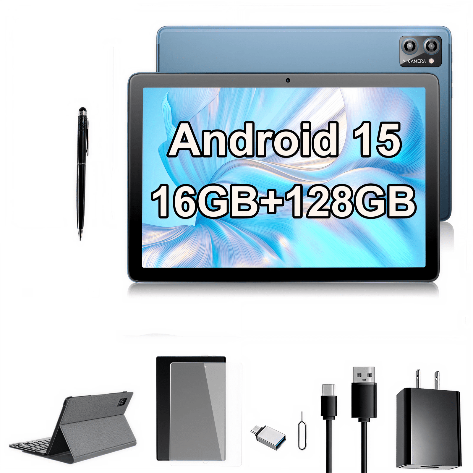 Tablet 10.1 Inch Android 15, 128GB ROM 16GB RAM 1TB Expand 1280x800 HD IPS Touch Screen Android Tablet 8000mAh 5G WiFi, Tablet with Keyboard, Case, Stylus, Dual Speakers, Blue