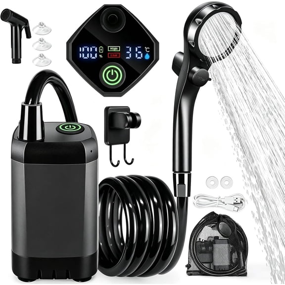 Smart Portable Shower Pump, Rechargeable 2400/6000mAh Battery Powered Outdoor Shower, IPX8 Waterproof, with Intelligent LED Display & 4 Spray Modes, for Outdoors, Camping (Type-B black)