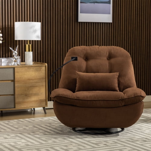 Smart Power Recliner Sofa USB Charger With Bluetooth Swivel Single Chair with Voice Control Gaming Sleeping working Hidden Arm Storage Brown