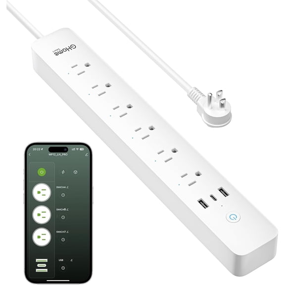 Smart Power Strip 15A, 2.4G WiFi Smart plugs that work with Alexa & Google Home, Surge Protector Flat Plug with 6 APP Control WiFi outlets, FCC Listed, 7.18 Ft flat Extension Cord, No Hub Needed