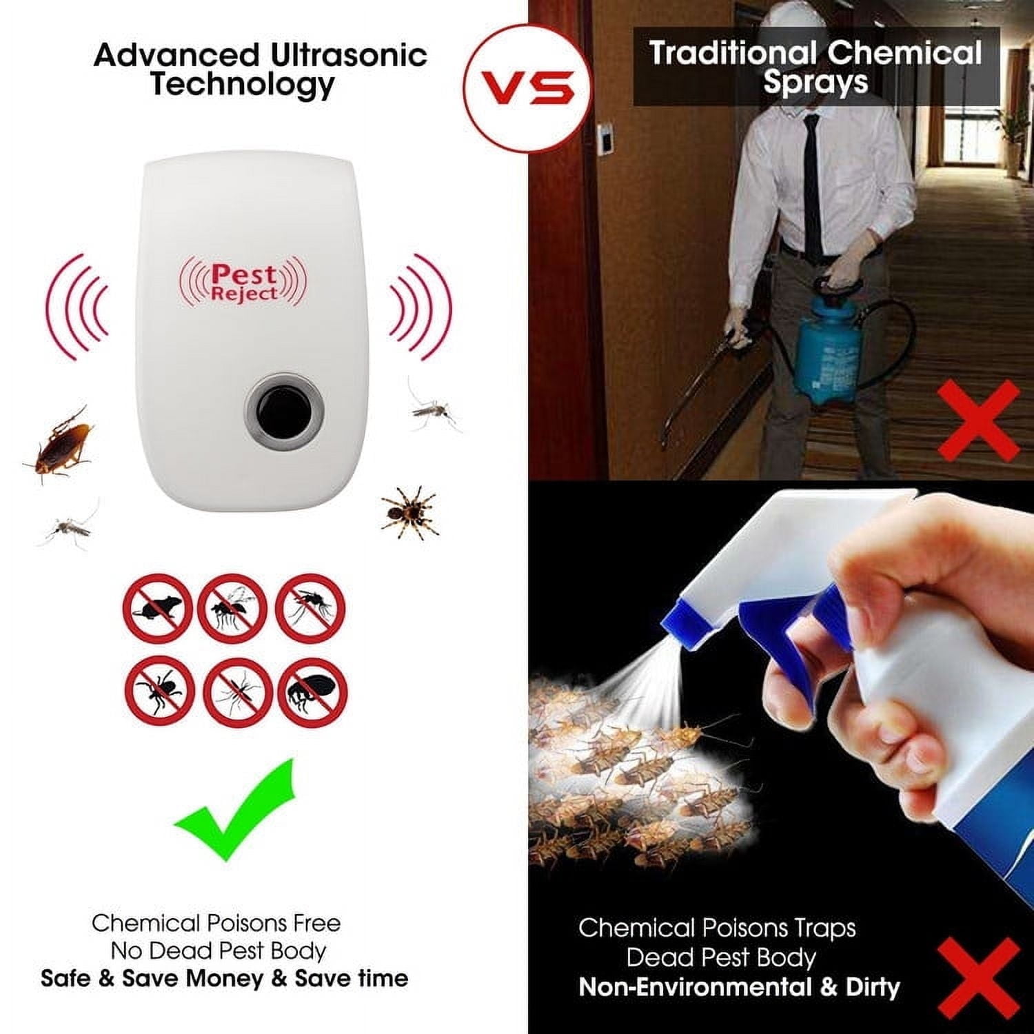 Smart Powerful Ultrasonic Pest Control Repeller, Electric Wall Plug Repellent For Mice Cockroaches Bed Bugs Flies And More, Humans & Pets Safe Bug Killer Bug Spray