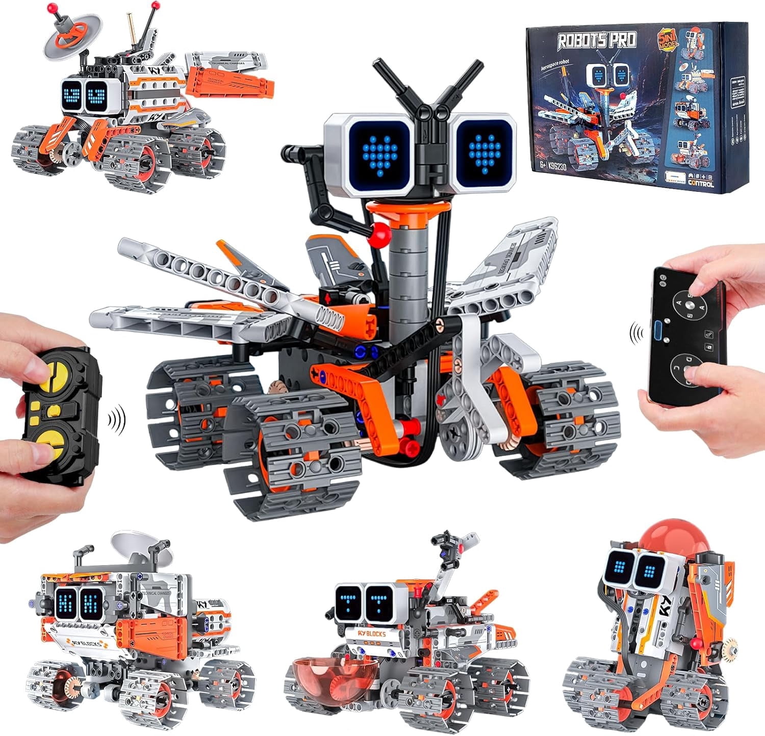 Ylutex Robot Building Block Set, 5-in-1 STEM RC Robot Building Set with App & Remote Control, Rechargeable Building Blocks Coding Robot Toy with LED Lights