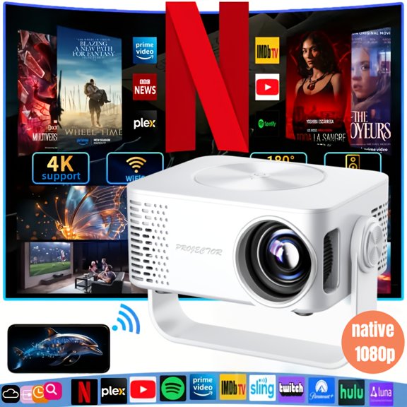 Smart Projector 1080P 600ANSI WiFi 6 BT 5.0, 600 Lumens Portable Movie Projector with Screen Adjustment, 180° Rotation, USB LED Light, SD Card & Button Control for Home