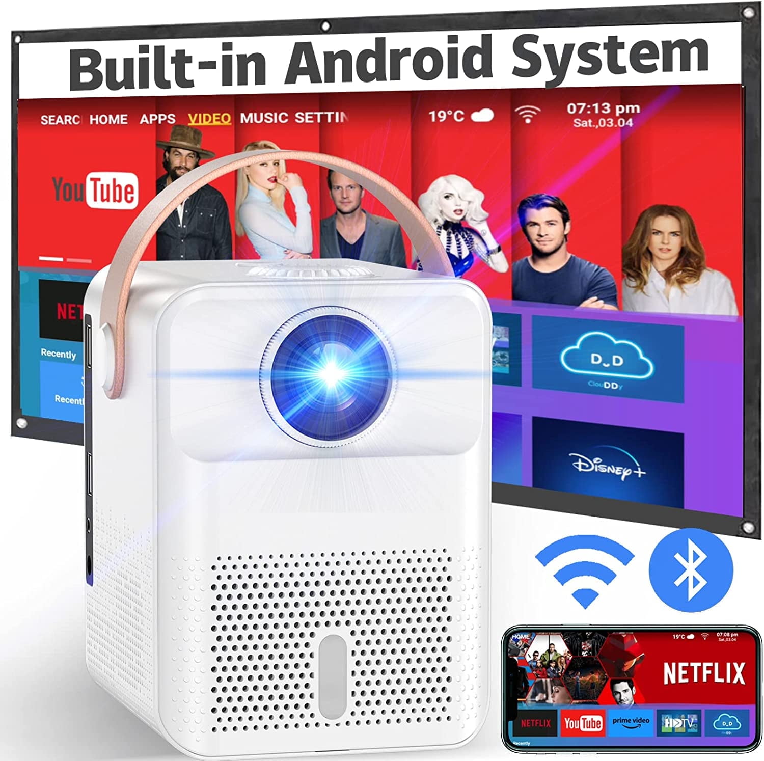 Smart Projector 4K Android System, 15000Lm Mini Projector with WiFi and Bluetooth, 4K Outdoor Projector Max 300” Digital ±45° 4D Keystone Zoom Support, Compatible with Phone, TV Stick