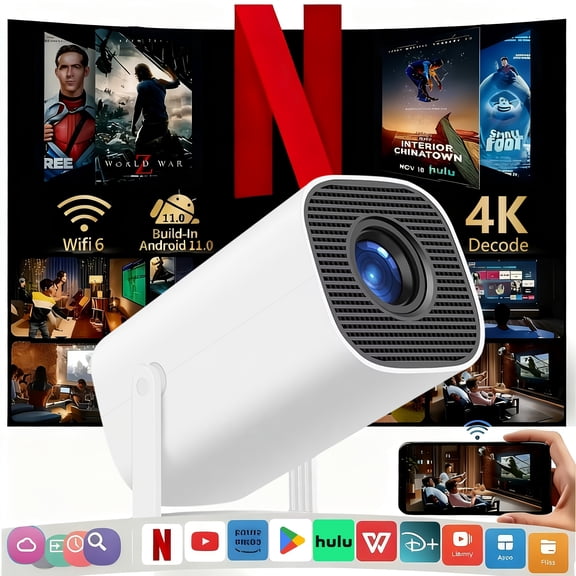 Smart Projector Android 11, 4K Support 720P Native, WiFi 6 & BT 5.0, Compact Home Theater with LCOS Display, 3D Ready & Wireless Screen Mirroring for Movies Gaming