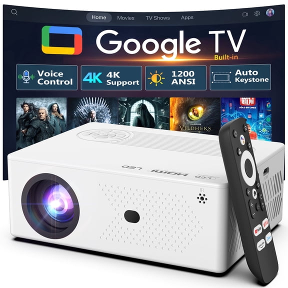 Smart Projector [Bundled with Google TV Stick 4K Support ], AI Voice Control Projector with WiFi and Bluetooth, Electric Focus & Auto Keystone