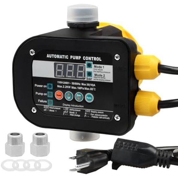 Smart Pump Controller with 2 Metal Pump Connector, BSPP G1 Threaded Interface, 2 Modes Digital Display, Adjustable Pressure, High Power, for Home, Garden, Industrial Use$$Tools & Hardware Other