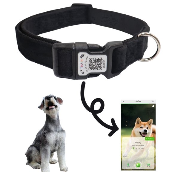 Smart QR Code Dog Collar-Nylon & Velvet Pet Collar with Unique ID Registration, Adjustable Plastic Buckle for Small Dogs (Black, S)