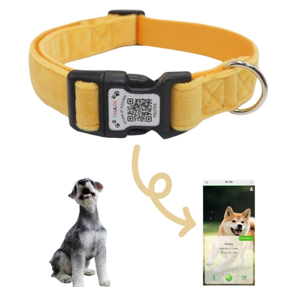 Smart QR Code Dog Collar-Nylon & Velvet Pet Collar with Unique ID Registration, Adjustable Plastic Buckle for Small Dogs (Yellow, S)