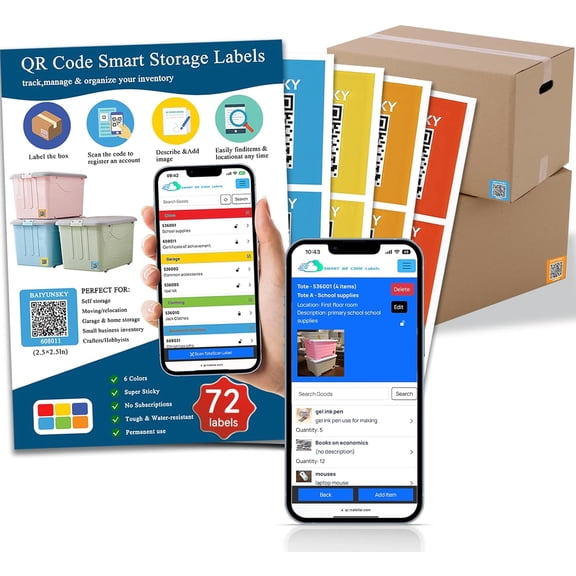 Smart QR Code Labels for Storage, Color Coded Scannable Stickers for Storage Bins, Moving Containers &Office Organization, Inventory Organizer.No Annual Fee, 72 Unique QR Code Stickers (2.5"x2.5")