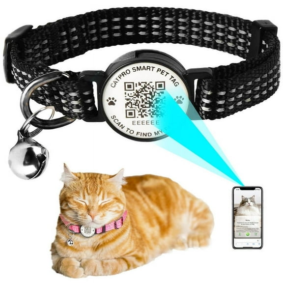 Smart QR Code Pet ID Personalized Tag Cat Collar, Reflective Nylon with Bell, Secure Breakaway, Comfortable, Durable - Suitable for Adult Cats Black-S