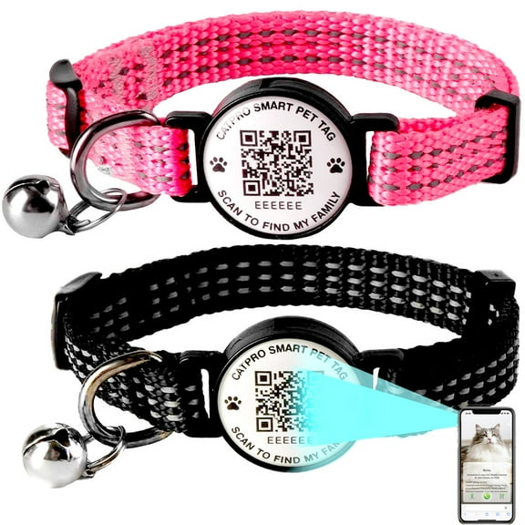 Smart QR Code Pet ID Personalized Tag Cat Collar, Reflective Nylon with Bell, Secure Breakaway, Comfortable, Durable - Suitable for Adult Cats-Rose&Black-S