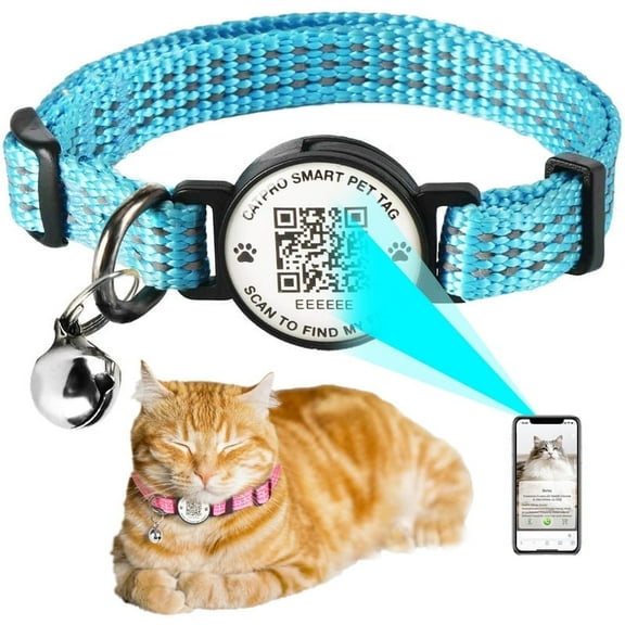 Smart QR Code Pet ID Personalized Tag Cat Collar, Reflective Nylon with Bell, Secure Breakaway, Comfortable, Durable - Suitable for Adult Cats-Blue