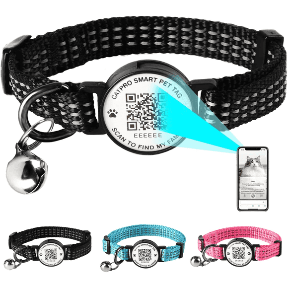 Smart QR Code Pet ID Personalized Tag Cat Collar, Reflective Nylon with Bell, Secure Breakaway, Comfortable, Durable - Suitable for Adult Cats