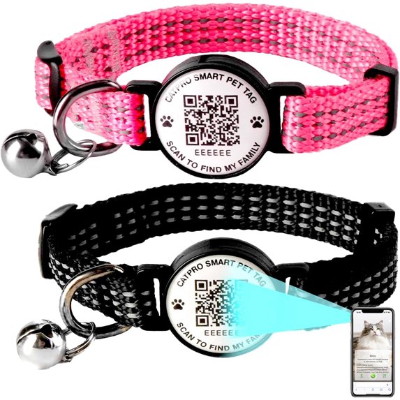 Smart QR Code Pet ID Personalized Tag Cat Collar, Reflective Nylon with Bell, Secure Breakaway, Comfortable, Durable - Suitable for Adult Cats