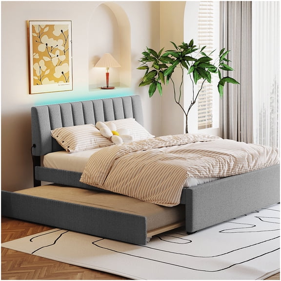 Smart Queen Bed Frame with RGB LED Lights and Trundle, Upholstered Storage Platform Bed, App and Remote Control