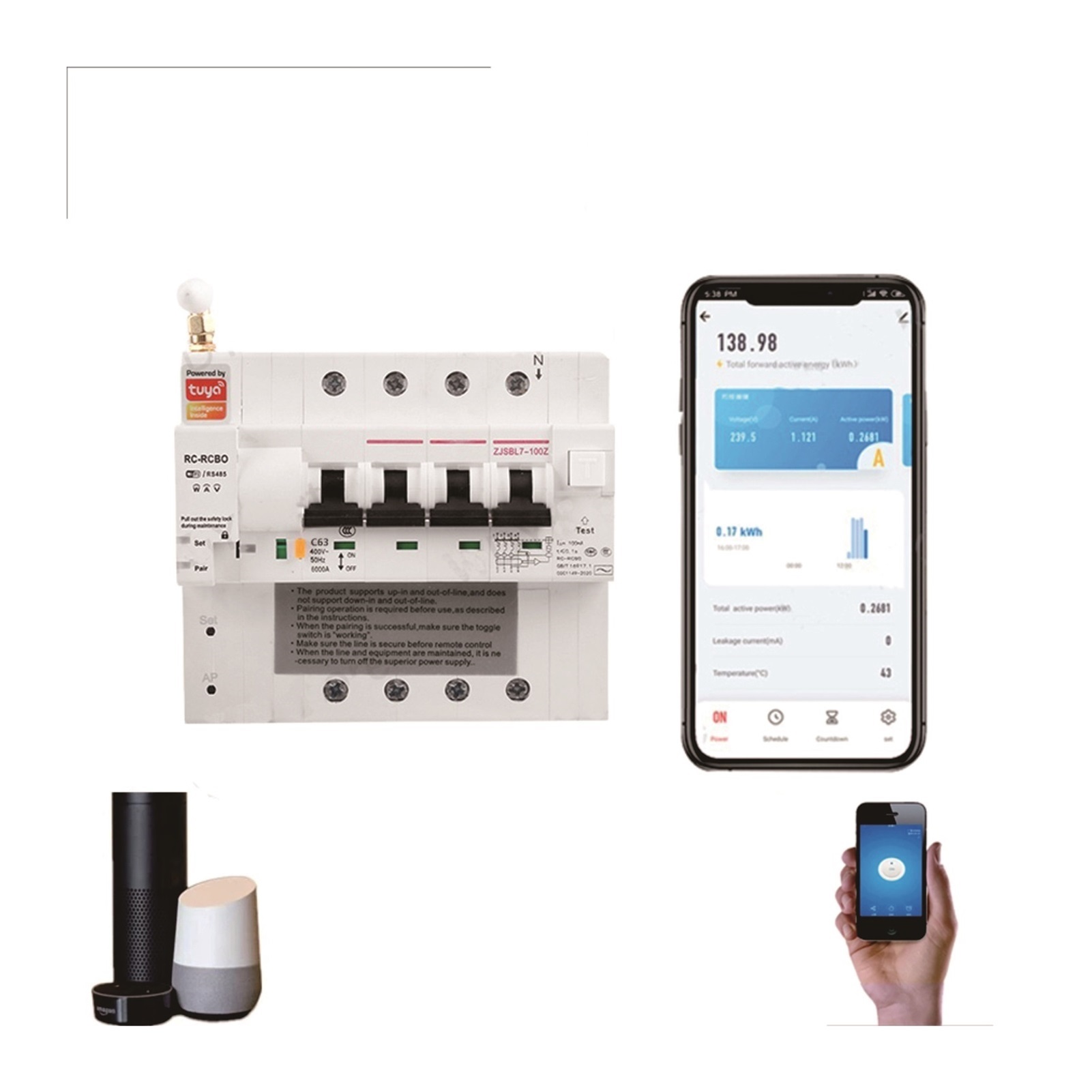 Wi Fi Rcbo Smart RCBO Circuit Breaker With Energy Monitoring 4P WiFi RCBO MCB ...