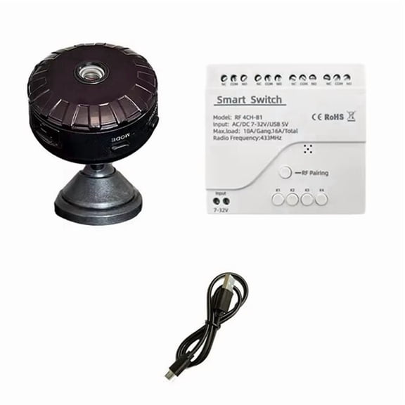 Smart Switch 4CH Inching/Self-Locking Controller 433MHZ Remote Controlled Camera Real Time Monitoring,1 * 4CH Inching/self-locking controller 1 * Camera 1 * USB cable,White & Black
