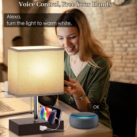 Smart RGB Dimmable Table Lamp Work with Alexa&APP&Remote Control, Bedside Desk Lamp with Charging Ports&Outlet&Phone Stand, Music Sync Nightstand Lamp for Bedroom Living Room Office Dorm