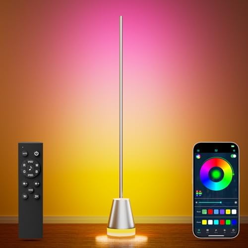 Smart RGB LED Corner Floor Lamp, Bright Standing Lamps for Living Room with APP and Remote,Modern Floor Lamp with Music Sync and 16 Million Colors, Ambient Light for Bedroom Silver