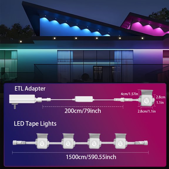 Smart RGB LED Strip Lights 16 Million Colors60 Modes, TUYA App Voice Music Control, IP67 Waterproof, for Eave Lawn Fence Pool Christmas Party Decor
