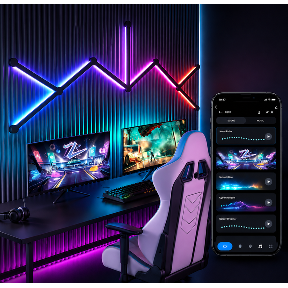 Elice Smart LED Wall Lights, 16M+ Color Dimmable Gaming Light Works with Alexa and Google Assistant, Dimmable DIY Geometry Gaming Light with Music Sync, 9 RGB Light Bars for Gaming Room, Bedroom