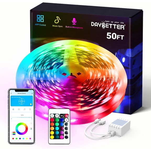 Smart RGB Led Strip Lights, 50ft Lights for Bedroom with App Control, Multicolor Changing Light Strips Apply Home Decor, Living Room, Kitchen, Party Decoration