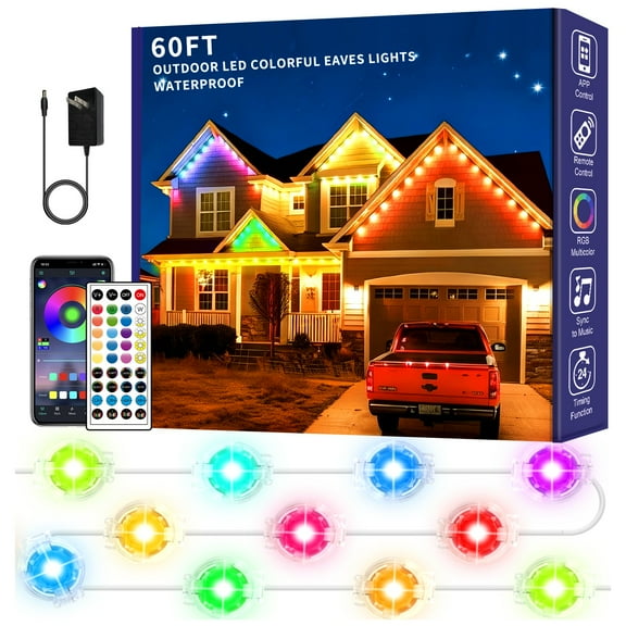 Smart RGB+ Outdoor LED Eaves Lights - IP67 Waterproof, APP/Remote Control, RGB Multicolor & Single-Color, Premier Wave Compatible for Christmas Home Exterior Patio Garden