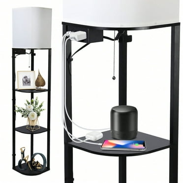 Smart RGB Shelf Floor Lamp With 2 USB Ports & 1 Power Outlet, Modern Display, RGB Bulb, Standing Lamp For Living Room, Bedroom And Office, Black
