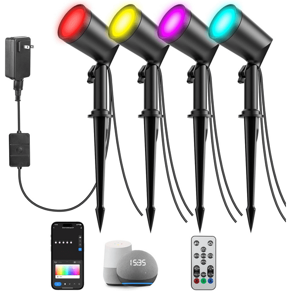 Smart RGBWWIC Landscape Spotlights Outdoor Color Changing Low Voltage Landscape Lighting Aluminum IP65 Waterproof WiFi Spot Lights LED Uplight for Pathway House Yard Garden Lawn Patio 4Pack