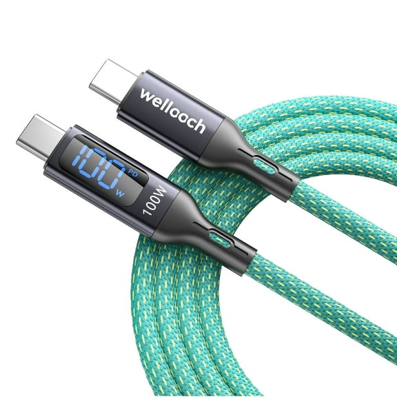Wellooch 100W USB-C to USB-C Cable with LED Digital Display, 3ft, Cyan - Fast Charging Cord